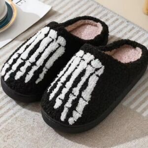 Halloween Skeleton Slippers Spooky Slides Cozy Plush Scream Black & White